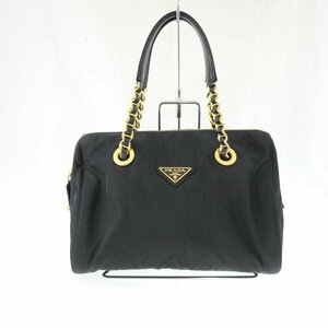 ◆ 美品 1円 ～ PRADA / プラダ B4397 チェーンミニボストンバッグ ハンドバッグ ゴールドチェーン 三角ロゴ ナイロン ブラック 146162