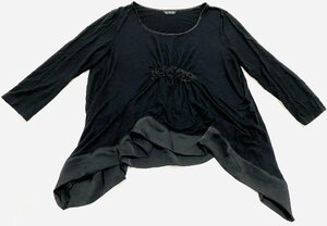 美品 INGEBORG インゲボルグ トップス カットソー Tシャツ ロンT ブラウス 七分袖 丸首 ブラック 黒 size11 変形 異素材 ギャザー デザイン