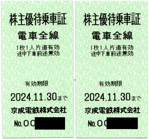 ■京成電鉄■株主優待乗車証＜電車全線＞２枚■11月末まで有効■
