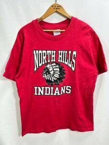 ■ 90s 90年代 USA製 ビンテージ Hanes BEEFY North Hills Indians カレッジ プリント Tシャツ アメフト アメカジ ストリート 赤 サイズL■