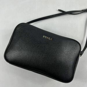 1円〜【美品】 FURLA フルラ ショルダーバッグ レザー ブラック 黒 カメラバッグ 斜め掛け ダブルジップ ロゴ クロスボディバッグ 鞄