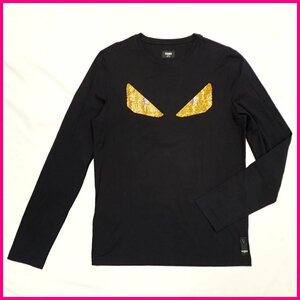 ★FENDI/フェンディ 長袖Tシャツ 48/メンズS相当/ブラック×ゴールド/ラインストーン/コットン/クルーネック/ロンT&1976800058