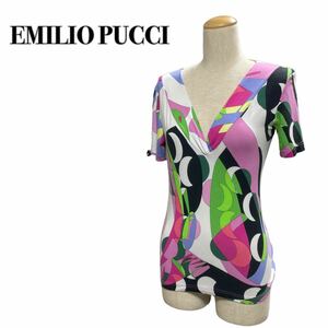 EMILIO PUCCI エミリオプッチ 総柄 半袖カットソー M イタリア製 マルチカラー Vネック 