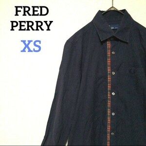 FRED PERRY デザインシャツ フレッドペリー チェックラインBDシャツ ワンポイント刺繍 ネイビー 月桂樹 ローレルリーフ ボタンダウンシャツ