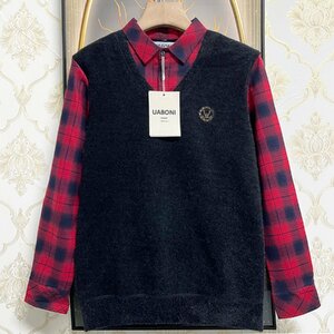 ★★逸品EU製＆定価5万◆UABONI*Paris*セーター*ユアボニ*パリ発◆豪華ミンク/カシミヤ混 防寒 重ね着風 金糸刺繍 チェック柄 紳士 XL/50