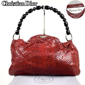 【美品】Christian Dior ディオール ハンドバッグ マリスパール シルバー金具 ミニボストン パイソン レザー 赤 レッド 黒 ブラック