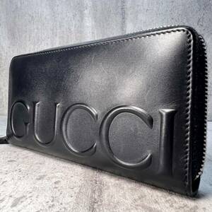 1円 極美品 現行GUCCI グッチ 長財布 ラウンドファスナー エンボス 421848 ビックロゴ レザー 本革 ブラック 黒 メンズ レディース ジップ