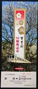 記念乗車券 京王 百草園’８３観梅記念 京王帝都電鉄 新宿駅発行 昭和58年3月22日まで有効 硬券 ランクA a-236