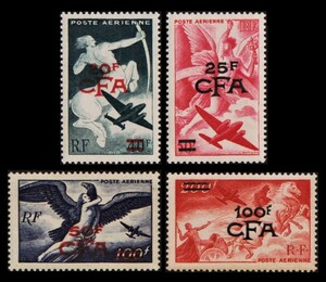 bα123y1-1R6　レユニオン1949年　航空切手・ケンタウロスやイリスなど神話・改定加刷・4枚完