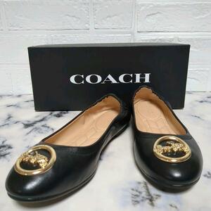 良品　COACH　コーチ　24.5　バレエシューズ　馬車金具　フラット　黒