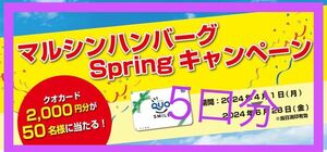 懸賞応募■マルシンフーズ■マルシンハンバーグ Springキャンペーン【バーコード 5枚(5口分)】QUOカード2,000円分が当たる!!