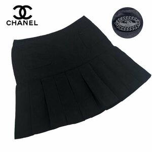 ★高級生地★CHANEL シャネル シルク100％ ココマーク バックファスナー プリーツ ミニスカート サイズ36(Sサイズ) フランス製 ブラック 黒