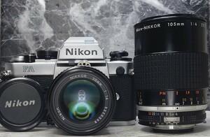 【終活整理】 Nikon FA 美品＋Ai-s NIKKOR 50mm f1.4＋105mm f4 Micro 単焦点2本セット 各動作良好 露出計OK レンズ光学良好 全モード可能