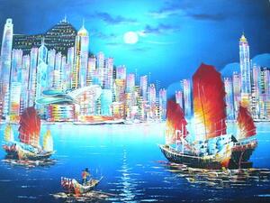 油彩　油絵　風景画　大金運を呼ぶ香港の夜景 大型 直筆油絵☆限定数1