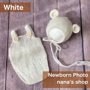 白♪くま耳帽子とクマオーバーオール　ニューボーンフォト撮影衣装　新生児記念
