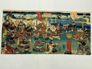 江戸 浮世絵 芳員「武蔵坊　弁慶 義経 木曽征伐 首実験 3枚組」武者絵 ukiyoe 彩色 木版 生首 木曽義仲 平家 源氏