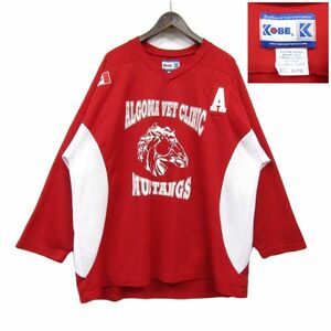 サイズ XL カナダ製 スポーツ ホッケー プリント デザイン ロング Tシャツ ロンT ポリエステル レッド 長袖 古着 2N2590