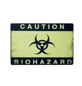 K46 新品●ブリキ看板 バイオハザード 「CAUTION BIOHAZARD」注意 警告 アメリカ雑貨 インテリア サインプレート ビンテージ