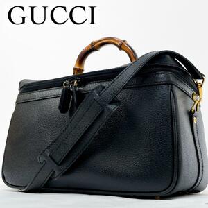 美品・希少モデル GUCCI グッチ バニティ バンブー ショルダーバッグ 2way ハンドバッグ レザー ブラック ミラー付