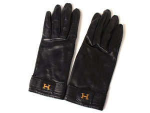N15685 美品 HERMES エルメス グローブ 手袋 H金具 レザー 本革 サイズ7 箱付き ブラック 黒 フランス製 防寒具