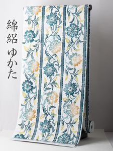 【浴衣反物】NO.3640 （アイボリー/縞唐花柄）安心の日本製 新品【桜七軒】 綿絽 送料込！