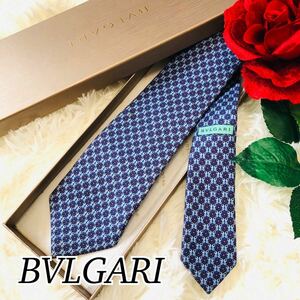 BVLGARI ブルガリ メンズ 男性 紳士 ネクタイ ブランドネクタイ 総柄 ネイビー 紺 ブルー 青 ビジネス 結婚式 素敵 ハイセンス 剣先 8.5cm