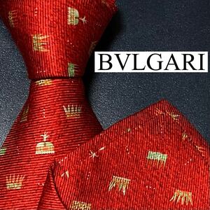 極美品 BVLGARI ブルガリ メンズ ネクタイ シルク セッテピエゲ ロゴ 刺繍 ジャガード イタリア製 ピクトリアル 冠 キング 赤 レッド