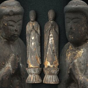ES223 時代 仏教美術 木造 漆箔「合掌釈迦如来立像」二躰 高15.3cm 総重40g・木雕釋迦牟尼佛