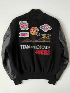 90s USA製 DeLONG 49ERS 袖革 スタジャン 42 NFL SAN FRANCISCO アワード スタジアム レザー バーシティ ジャケット 刺繍 ワッペン