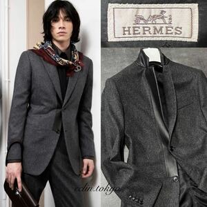 【E4065】未使用 HERMES エルメス 2022AWcollection《最高級！ラムレザー装飾》襟裏地レザー デザイン テーラード ジャケット 超美色グレー