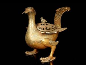 「時代物 古銅彫 塗金錯銀 鳳鳥尊薰香炉」旧銅器 置物擺件 賞物 中国古美術 旧蔵出