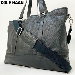 美品 COLE HAAN コールハーン メンズ 大容量 トートバッグ A4収納 ビジネスバッグ 黒 ブラック ショルダー 斜め掛け 金具 PC シボ革 レザー