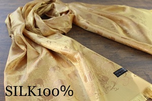 新品 薄手【シルク100% SILK】エレファント柄 象柄 ゴールド 金 GOLD 大判 ストール/スカーフ