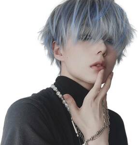 ウィッグ メンズ 男装 かつら グレー×ブルー ネット/櫛付き ショート インナーカラー フルウィッグ 黒 男性 原宿 イケメン ハンサム 自然