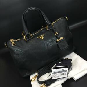 3420-100【 PRADA 】 プラダ レザー 2WAY ハンド ショルダー バッグ ブラック 黒 シルバー金具 BL0778