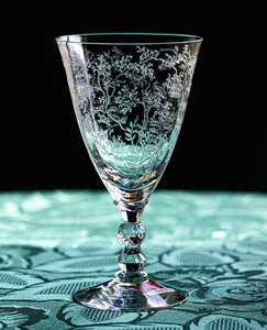 ラベル付き！ フォストリア クリスタル チンツ エッチング ゴブレット シャンパン ワイングラス 酒 アンティーク ビンテージ