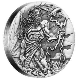 2014 ツバル プルーフ ハイリレーフ 2 オンス 銀貨 オリンパスの神 主神 ゼウス アンティーク仕上げ 完全未使用品