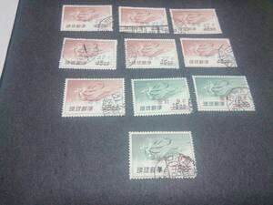 琉球、1959発行 米貨暫定加刷航空切手：９c/27c 使用済み10枚、カタログ総額約10000円以上