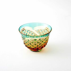 送料無料 江戸切子アンバークリスタル冷茶グラス（緑）籠目デザイン 伝統工芸品 切子グラス（323）
