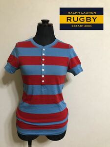 【新品】 RALPH LAUREN RUGBY ラルフローレン ラグビー レディース ボーダー ヘンリーネック Tシャツ トップス USサイズM 半袖 水色 赤