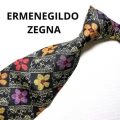 【極美品】エルメネジルドゼニア 花柄 ブラック レッド パープル マルチカラー