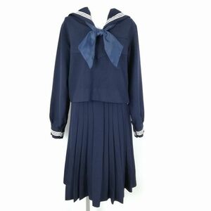 1円 セーラー服 スカート スカーフ 上下3点セット 大きいサイズ パリス 冬物 白3本線 女子 学生服 中学 高校 紺 制服 中古 ランクB NA1351