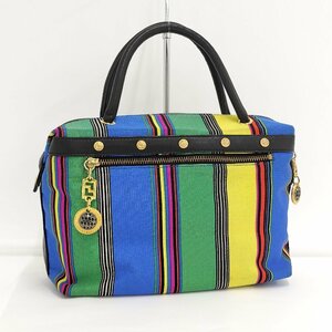 ●ジャンニヴェルサーチ GIANNI VERSACE ハンドバッグ ストライプ マルチカラー ナイロンキャンバス レザー[Jコレ]TA 291