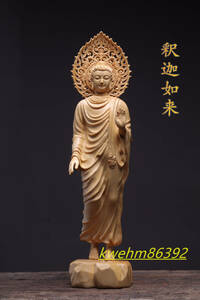 木彫り 仏像 釈迦如来 釈迦牟尼 立像 彫刻 一刀彫 天然木檜材