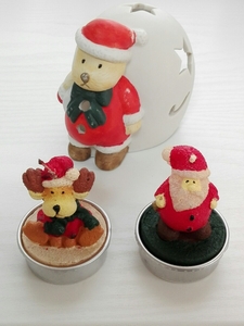 クリスマス　キャンドルホルダー　キャンドル　３点セット　サンタクロース　テディベア　トナカイ　星　プレゼント袋　陶器　レトロ