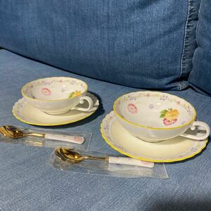 Noritake ノリタケ JEUNE FLEUR ジュヌフレール ティーカップ&ソーサー スプーン 2客セット ボーンチャイナ コーヒー 紅茶 ペア 花柄