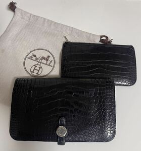 【希少品 入手困難】HERMES DOGON DUOエルメス アリゲーター ドゴンGM コインケース付き シルバー金具　長財布: クロ