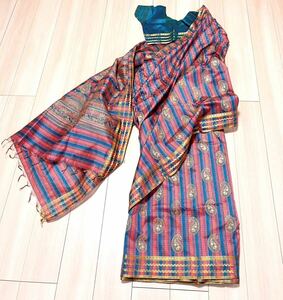 コットンサリー インド民族衣装 サリー本体 ブラウス インスカート ３点セット直ぐ着られます