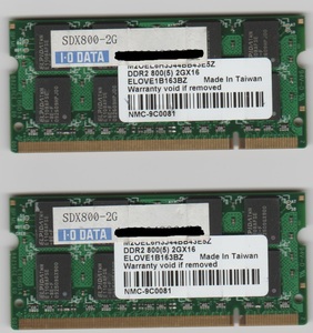 I/O DATA SDX800-2G 2枚組 合計4GB PC2-6400 200Pin 2GB×２枚 中古 即決 相性保証
