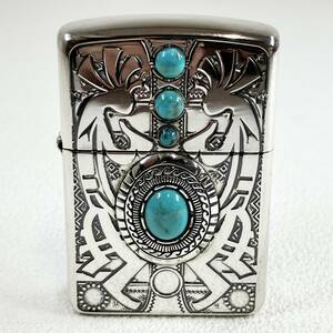 【ZIPPO】ジッポー オイルライター インディアンスピリット ココペリ 天然石 トルコ石 パワーストーン タバコ 煙草 中古 現状品 喫煙具